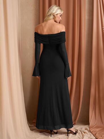 KUTUMAI Elegant Off Shoulder Long Sleeve Maxi Dress Bodycon Tie Formal Wedding Guest Dresses for Women 2025 Fall in Kuwait