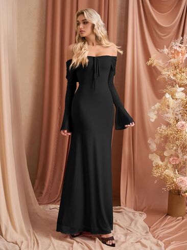 KUTUMAI Elegant Off Shoulder Long Sleeve Maxi Dress Bodycon Tie Formal Wedding Guest Dresses for Women 2025 Fall in Kuwait