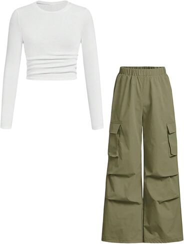 طقم تي شيرت بناتي مكون من قطعتين بأكمام طويلة ومضلع ومكشكش وخصر مطاطي وفضفاضة in Kuwait