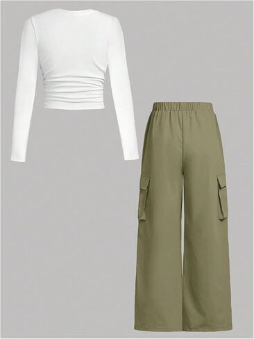 طقم تي شيرت بناتي مكون من قطعتين بأكمام طويلة ومضلع ومكشكش وخصر مطاطي وفضفاضة in Kuwait