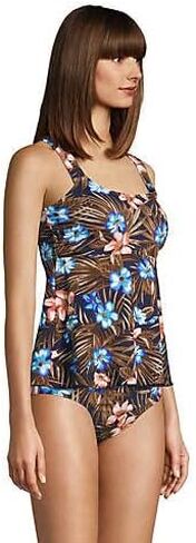 Lands' End Womens Chlorine Resistant Flutter Scoopneck Tankini Top Deep Sea Navy Tropic Palm Regular Medium in Saudi Arabia