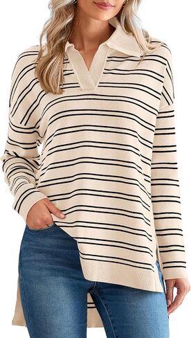MASCOMODA Womens Sweaters Fall 2024 Oversized Striped Sweater Long Sleeve Polo V Neck Loose Side Slit Knitted Tunic Tops in Kuwait