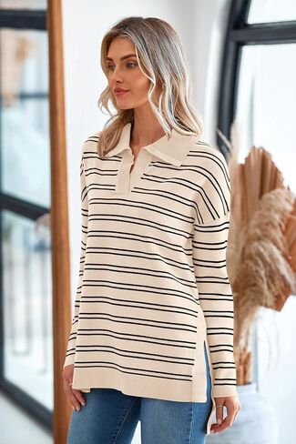 MASCOMODA Womens Sweaters Fall 2024 Oversized Striped Sweater Long Sleeve Polo V Neck Loose Side Slit Knitted Tunic Tops in Kuwait