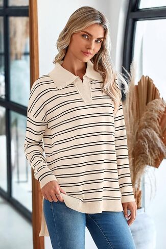 MASCOMODA Womens Sweaters Fall 2024 Oversized Striped Sweater Long Sleeve Polo V Neck Loose Side Slit Knitted Tunic Tops in Kuwait