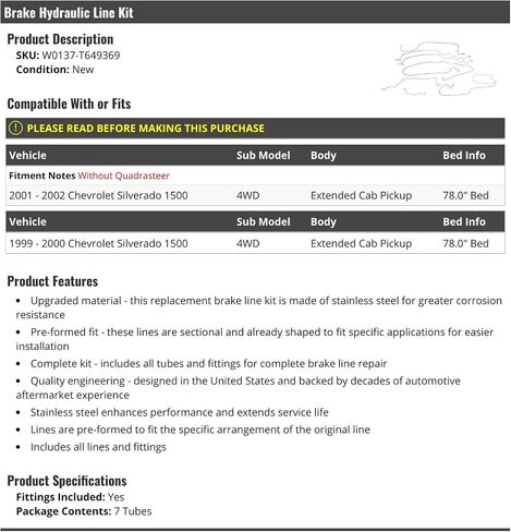 Brake Hydraulic Line Kit (7 Piece) - Compatible with 1999-2002 Chevy Silverado 1500 4WD Extended Cab Pickup (with 78 Inch Bed) in Saudi Arabia