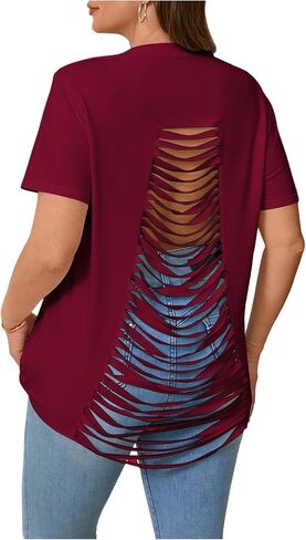 WDIRARA Women's Plus Size Cut Out Back T Shirt Short Sleeve Tops Round Neck Ripped Tee in Kuwait