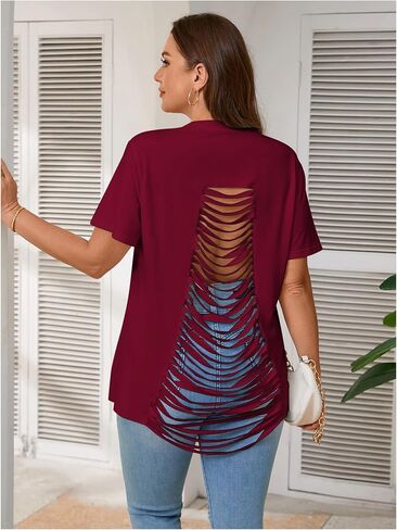 WDIRARA Women's Plus Size Cut Out Back T Shirt Short Sleeve Tops Round Neck Ripped Tee in Kuwait