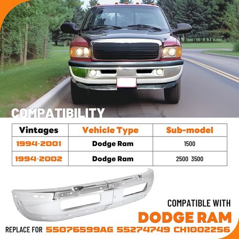 KUAFU Front Bumper Compatible with 1994-2001 Dodge Ram 1500, 1994-2002 Dodge Ram 2500 3500 Replacement for CH1002173, CH1002259, 5011476AD Bumper Face Bar Steel Black 2PCS in Saudi Arabia