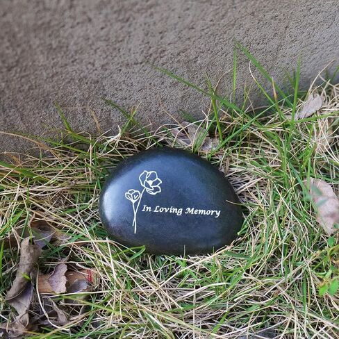 Memorial Stone - in Loving Memory Natural Black Pebble for Grave Sites, Memorial Décor Sympathy Gifts for Loss of Loved One (Poppy) in Kuwait