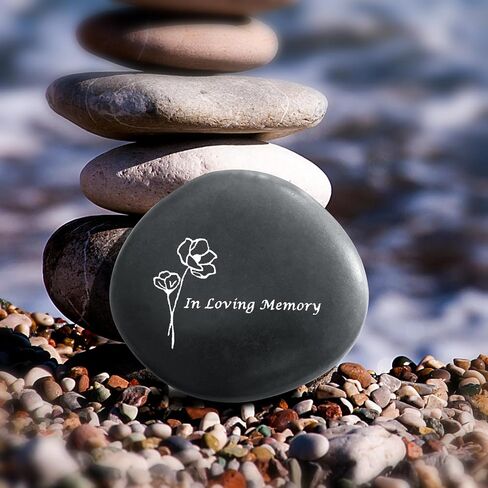 Memorial Stone - in Loving Memory Natural Black Pebble for Grave Sites, Memorial Décor Sympathy Gifts for Loss of Loved One (Poppy) in Kuwait