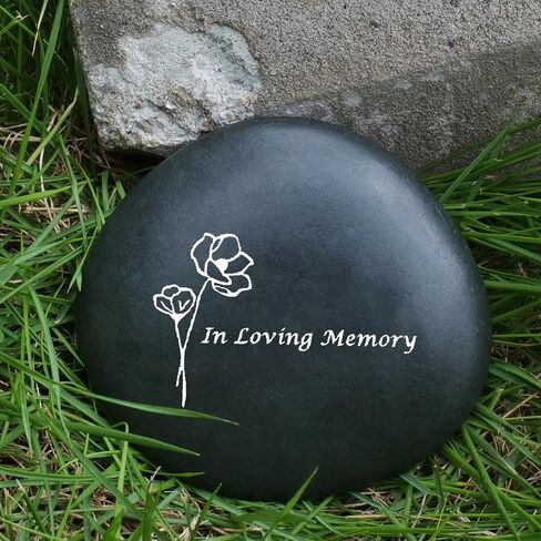 Memorial Stone - in Loving Memory Natural Black Pebble for Grave Sites, Memorial Décor Sympathy Gifts for Loss of Loved One (Poppy) in Kuwait
