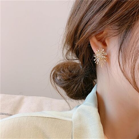 Gold Plated Firework Stud Earrings Unique Statement Irregular Fireworks Star Starburst Chandelier Chic Rhinestone Cubic Zirconia Small Earrings for Women Birthday Holiday Trendy Jewelry Gifts in Saudi Arabia