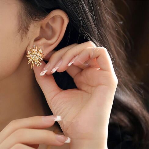 Gold Plated Firework Stud Earrings Unique Statement Irregular Fireworks Star Starburst Chandelier Chic Rhinestone Cubic Zirconia Small Earrings for Women Birthday Holiday Trendy Jewelry Gifts in Saudi Arabia