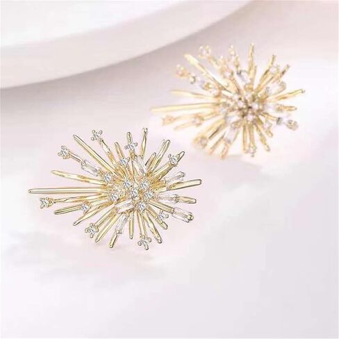 Gold Plated Firework Stud Earrings Unique Statement Irregular Fireworks Star Starburst Chandelier Chic Rhinestone Cubic Zirconia Small Earrings for Women Birthday Holiday Trendy Jewelry Gifts in Saudi Arabia