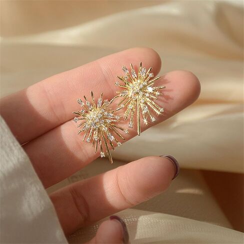Gold Plated Firework Stud Earrings Unique Statement Irregular Fireworks Star Starburst Chandelier Chic Rhinestone Cubic Zirconia Small Earrings for Women Birthday Holiday Trendy Jewelry Gifts in Saudi Arabia