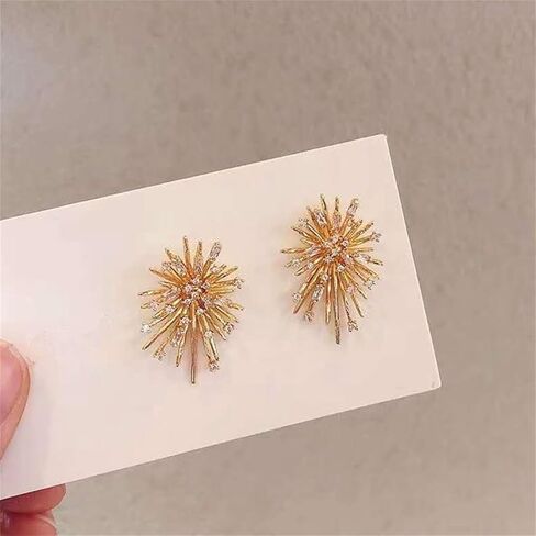 Gold Plated Firework Stud Earrings Unique Statement Irregular Fireworks Star Starburst Chandelier Chic Rhinestone Cubic Zirconia Small Earrings for Women Birthday Holiday Trendy Jewelry Gifts in Saudi Arabia