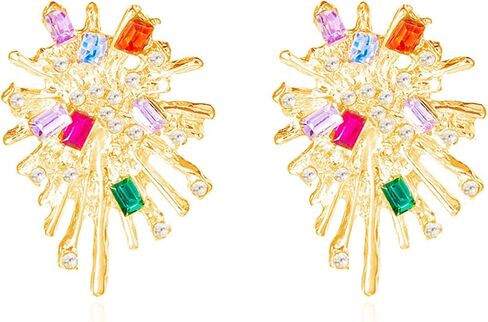 Gold Plated Firework Stud Earrings Unique Statement Irregular Fireworks Star Starburst Chandelier Chic Rhinestone Cubic Zirconia Small Earrings for Women Birthday Holiday Trendy Jewelry Gifts in Saudi Arabia