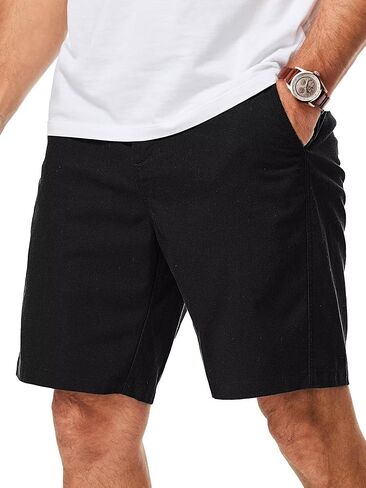Mens Cotton Linen Shorts Casual Waist Elastic Button Golf Beach Shorts with Pockets in Saudi Arabia