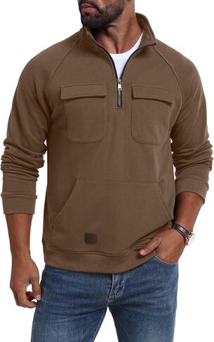 Lepunuo Cargo Sweatshirts for Men Quarter Zip Long Sleeve Warm Fleece Tactical Pullover Casual Athletic Loose Sweatshirts in Saudi Arabia