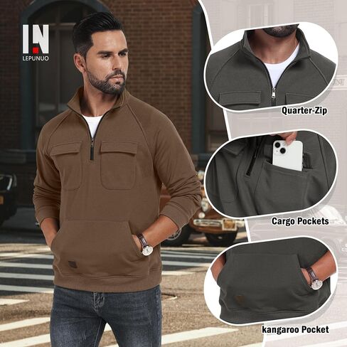 Lepunuo Cargo Sweatshirts for Men Quarter Zip Long Sleeve Warm Fleece Tactical Pullover Casual Athletic Loose Sweatshirts in Saudi Arabia