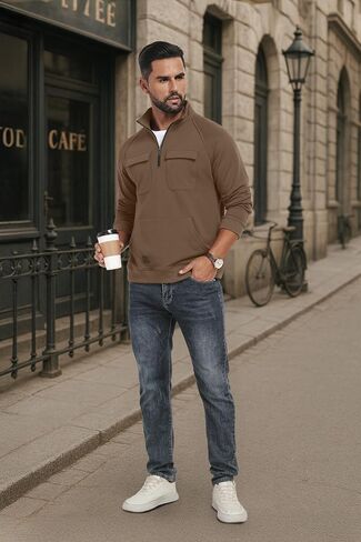 Lepunuo Cargo Sweatshirts for Men Quarter Zip Long Sleeve Warm Fleece Tactical Pullover Casual Athletic Loose Sweatshirts in Saudi Arabia