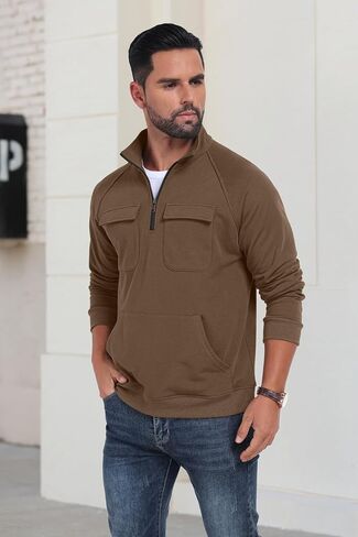 Lepunuo Cargo Sweatshirts for Men Quarter Zip Long Sleeve Warm Fleece Tactical Pullover Casual Athletic Loose Sweatshirts in Saudi Arabia