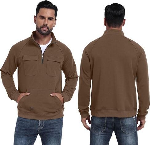 Lepunuo Cargo Sweatshirts for Men Quarter Zip Long Sleeve Warm Fleece Tactical Pullover Casual Athletic Loose Sweatshirts in Saudi Arabia