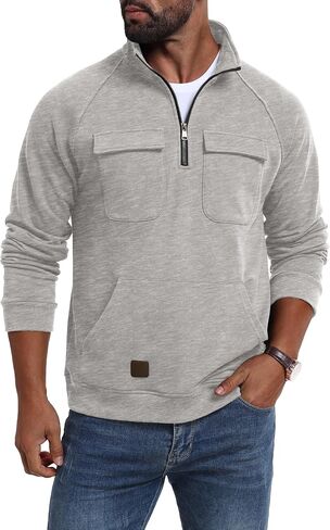 Lepunuo Cargo Sweatshirts for Men Quarter Zip Long Sleeve Warm Fleece Tactical Pullover Casual Athletic Loose Sweatshirts in Saudi Arabia