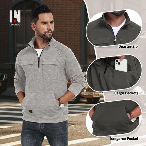 Lepunuo Cargo Sweatshirts for Men Quarter Zip Long Sleeve Warm Fleece Tactical Pullover Casual Athletic Loose Sweatshirts in Saudi Arabia