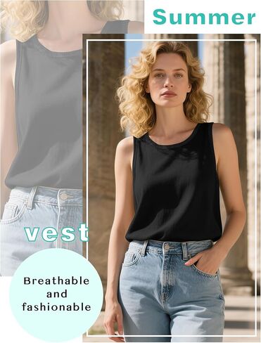 Ficerd 3 Pack Women's Sleeveless Tank Tops, Cotton Summer Crewneck Split Side Ribbed Trim Loose T-Shirt Casual Basic Tee Vest in Saudi Arabia