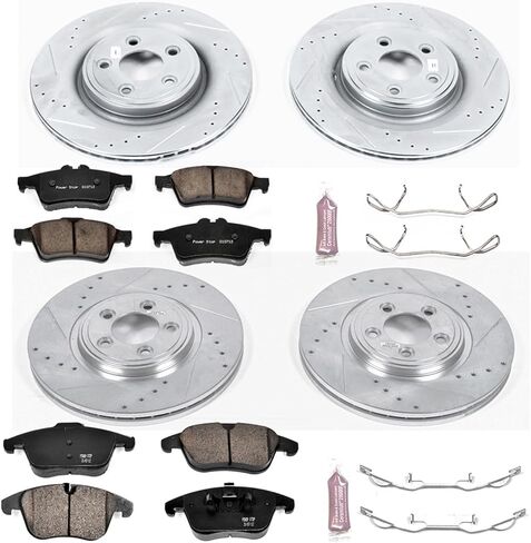 Power Stop K5637 Front and Rear Z23 Carbon Fiber Brake Pads with Drilled & Slotted Brake Rotors Kit For Jaguar S-Type, Jaguar Vanden Plas, Jaguar XF, Jaguar XJ8, Jaguar XK [Model Specific] in Saudi Arabia