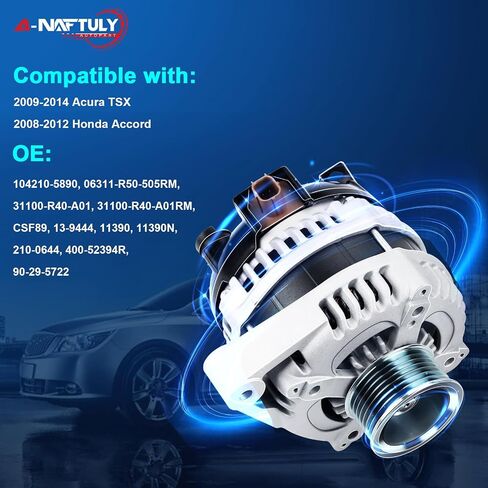 130A New Alternator Fits for Acura TSX 2009-2014, Honda Accord EX LX 2008 2009 2010 2011 2012, High Output Alternator Replacement 104210-5890, IF, 7-Groove, CW, Internal Regulator, 2.4L in Saudi Arabia