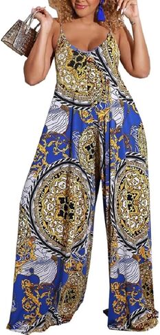 جمبسوت نسائي صيفي كاجوال مثير وفضفاض بحزام سباغيتي وطبعة زهور وسروال واسع الساق مع جيوب in Kuwait