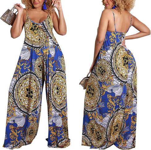 جمبسوت نسائي صيفي كاجوال مثير وفضفاض بحزام سباغيتي وطبعة زهور وسروال واسع الساق مع جيوب in Kuwait