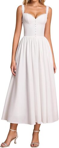 Summer Corset Midi Dress Formal Flowy A Line Lace Spaghetti Strap Wedding Guest Dresses for Women Sundress with Pockets in Kuwait
