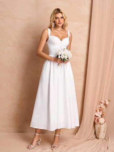 Summer Corset Midi Dress Formal Flowy A Line Lace Spaghetti Strap Wedding Guest Dresses for Women Sundress with Pockets in Kuwait