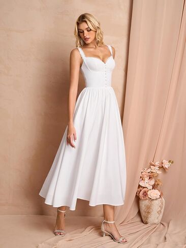 Summer Corset Midi Dress Formal Flowy A Line Lace Spaghetti Strap Wedding Guest Dresses for Women Sundress with Pockets in Kuwait