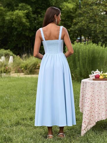 Summer Corset Midi Dress Formal Flowy A Line Lace Spaghetti Strap Wedding Guest Dresses for Women Sundress with Pockets in Kuwait