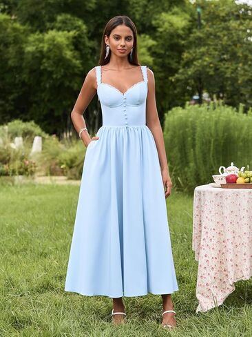 Summer Corset Midi Dress Formal Flowy A Line Lace Spaghetti Strap Wedding Guest Dresses for Women Sundress with Pockets in Kuwait