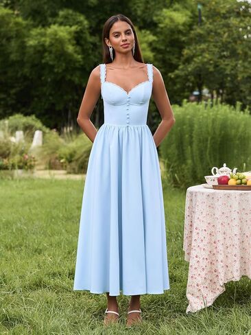 Summer Corset Midi Dress Formal Flowy A Line Lace Spaghetti Strap Wedding Guest Dresses for Women Sundress with Pockets in Kuwait