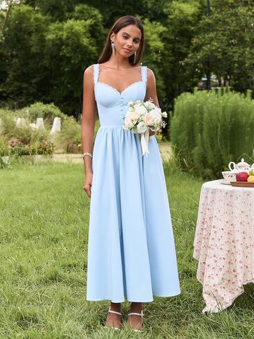 Summer Corset Midi Dress Formal Flowy A Line Lace Spaghetti Strap Wedding Guest Dresses for Women Sundress with Pockets in Kuwait