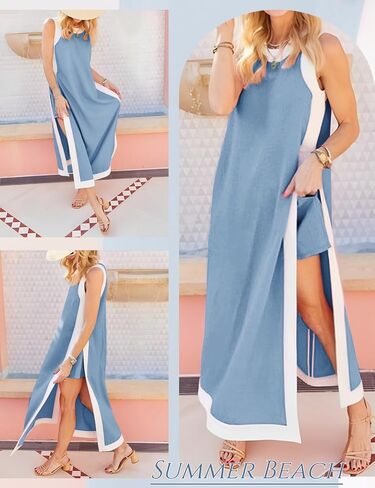 Eshesy Womens 2 قطعة مجموعات الفستان Maxi مطابقة السراويل القصيرة بألوان بلوك فستان بوهو فضفاضة ملابس مع جيوب in Kuwait