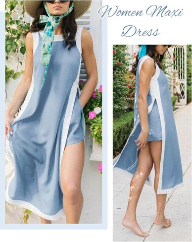 Eshesy Womens 2 قطعة مجموعات الفستان Maxi مطابقة السراويل القصيرة بألوان بلوك فستان بوهو فضفاضة ملابس مع جيوب in Kuwait