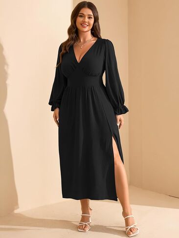 RWJ Plus حجم زفاف الضيف فستان للنساء Deep v الرقبة طويلة الأكمام عالية الخصر شق فتحة كوكتيل حفلة سقوط الفساتين MAXI in Saudi Arabia