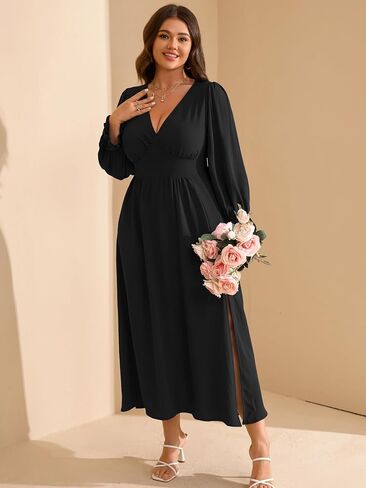 RWJ Plus حجم زفاف الضيف فستان للنساء Deep v الرقبة طويلة الأكمام عالية الخصر شق فتحة كوكتيل حفلة سقوط الفساتين MAXI in Saudi Arabia