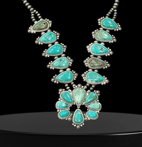 32 Inch Long Squash Blossom Turquoise Necklace – Western Statement Jewelry with Navajo Style Beads 731657 in Saudi Arabia