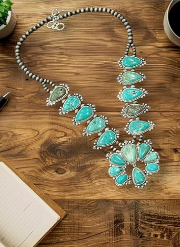 32 Inch Long Squash Blossom Turquoise Necklace – Western Statement Jewelry with Navajo Style Beads 731657 in Saudi Arabia