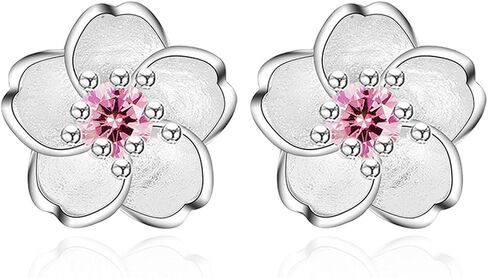 BG&WLing Cherry Flower Stud Earrings for Women 925 Sterling Silver Stud Earrings with Cubic Zirconia Hypoallergenic Cute Jewelry Gift in Saudi Arabia