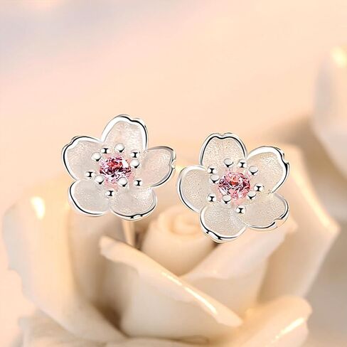 BG&WLing Cherry Flower Stud Earrings for Women 925 Sterling Silver Stud Earrings with Cubic Zirconia Hypoallergenic Cute Jewelry Gift in Saudi Arabia