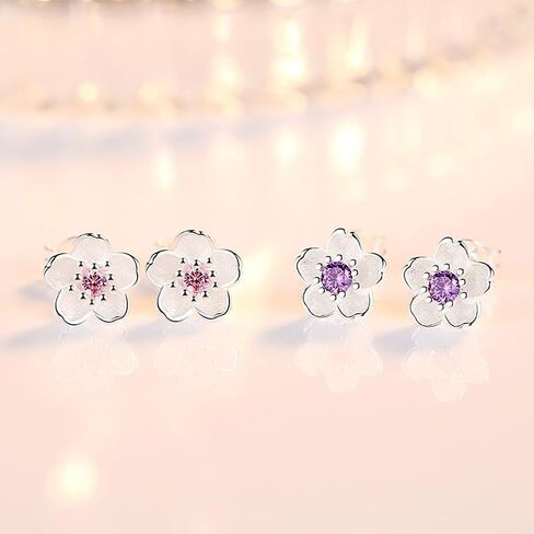 BG&WLing Cherry Flower Stud Earrings for Women 925 Sterling Silver Stud Earrings with Cubic Zirconia Hypoallergenic Cute Jewelry Gift in Saudi Arabia